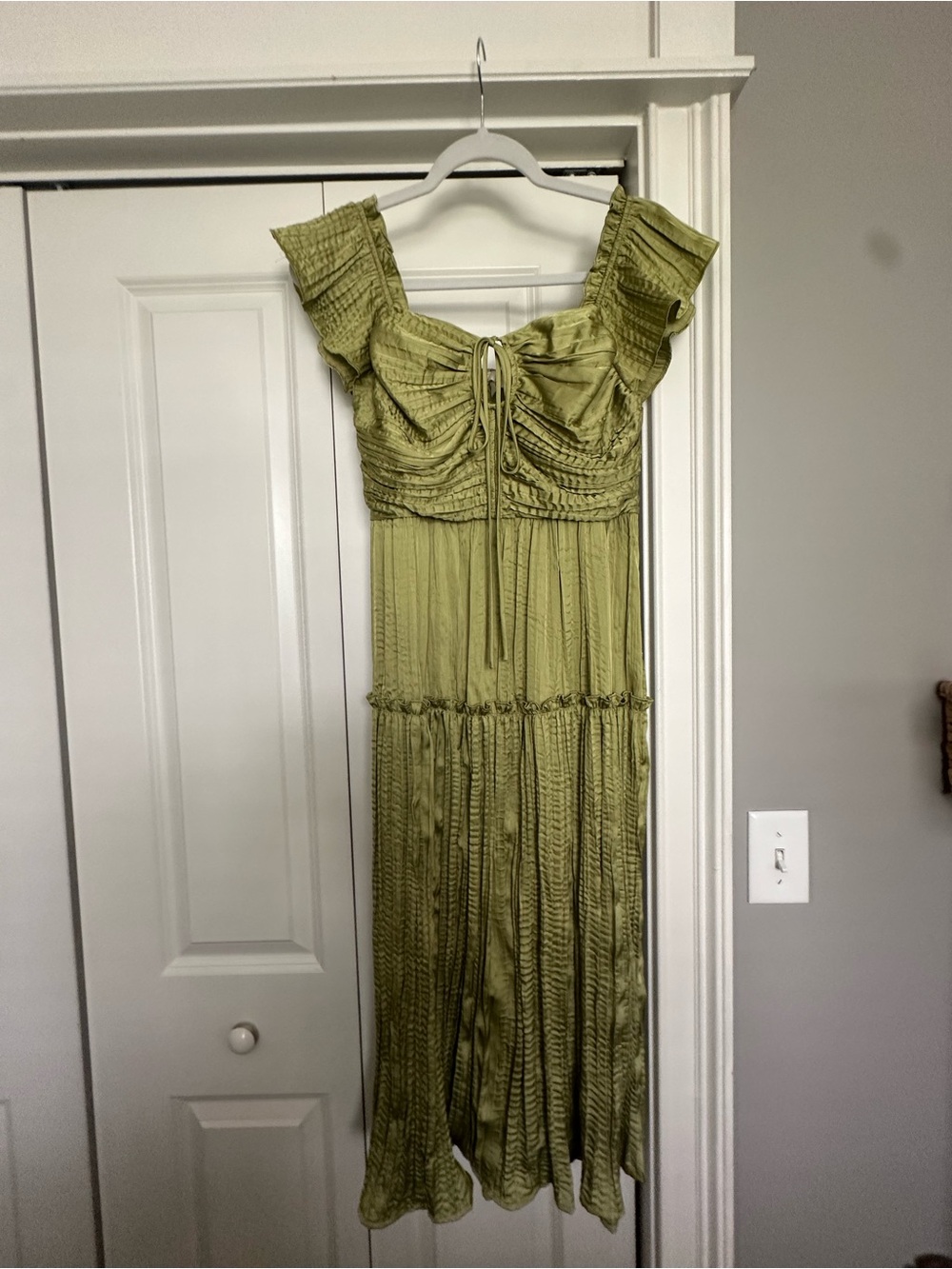 entro Light Olive Green Ruffle-Shoulder Maxi Dress
